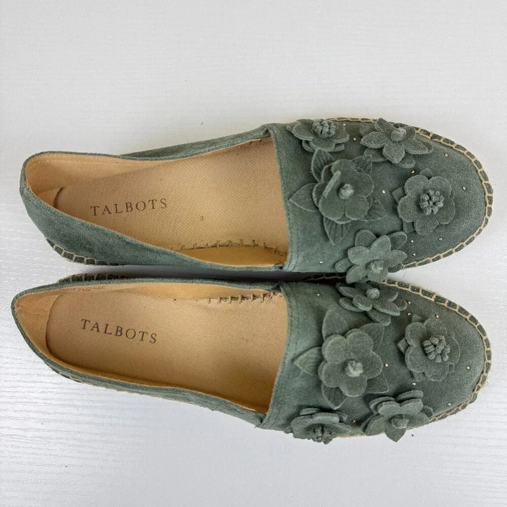 EUC Tablots Izzy Sage Green Floral Suede Espadrille Flats